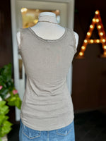Back view of the Elisa Sequin Tank in taupe showing its sleeveless silhouette, lightweight cotton knit and easy fit at Ardor Boutique.