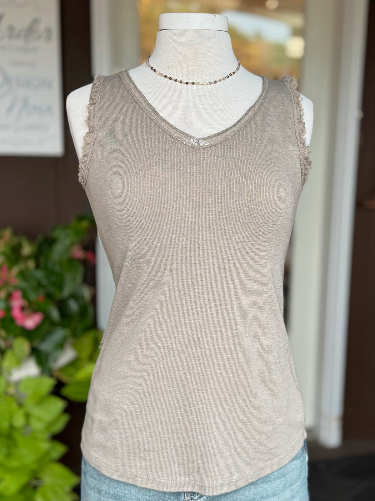 Front view of the Elisa Sequin Tank in taupe featuring a V-neckline with subtle sequin trim and a soft 100% cotton knit at Ardor Boutique.