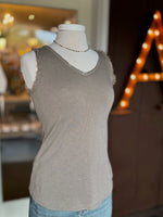 Elisa Sequin Tank in taupe with a flattering V-neckline, subtle sequin trim and soft lightweight knit fabric at Ardor Boutique.