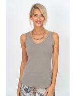 Model wearing the Elisa Sequin Tank in taupe featuring a V-neckline, subtle sequin trim and comfortable stretch fit at Ardor Boutique.