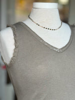 Close-up of the Elisa Sequin Tank in taupe showing the V-neckline with delicate sequin trim and textured knit detailing at Ardor Boutique.