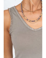 Elisa Sequin Tank Taupe Neckline sequin Detail and ruff edge sleeve detail on model