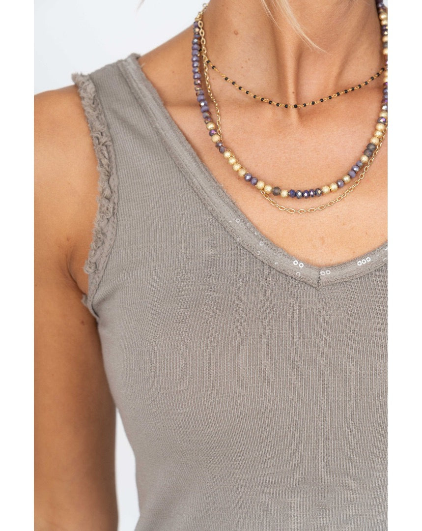 Elisa Sequin Tank Taupe Neckline sequin Detail and ruff edge sleeve detail on model