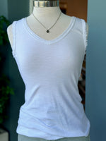 White tank top on a mannequin with a blurred background