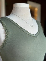 Sequin and rough edge detail on Elisa Tank in olive