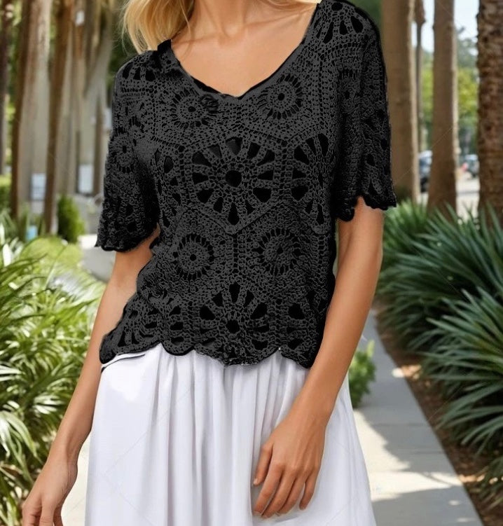 black crochet short sleeve top
