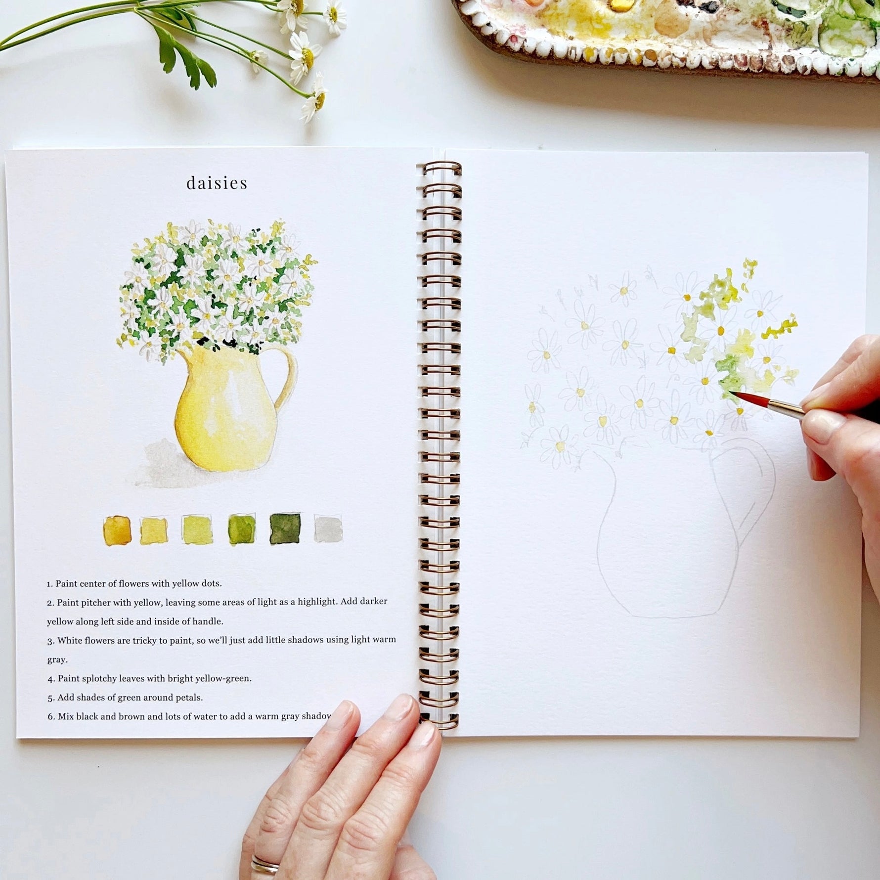 Example page of the watercolor workbook with daisies illustration and hands holding a paintbrush