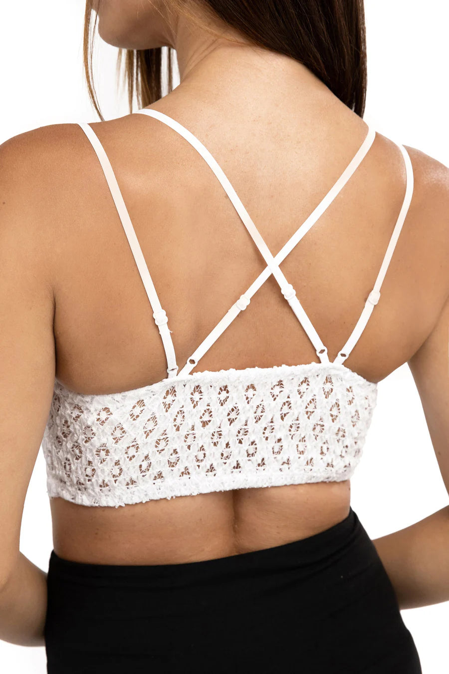 back of white lace bralette