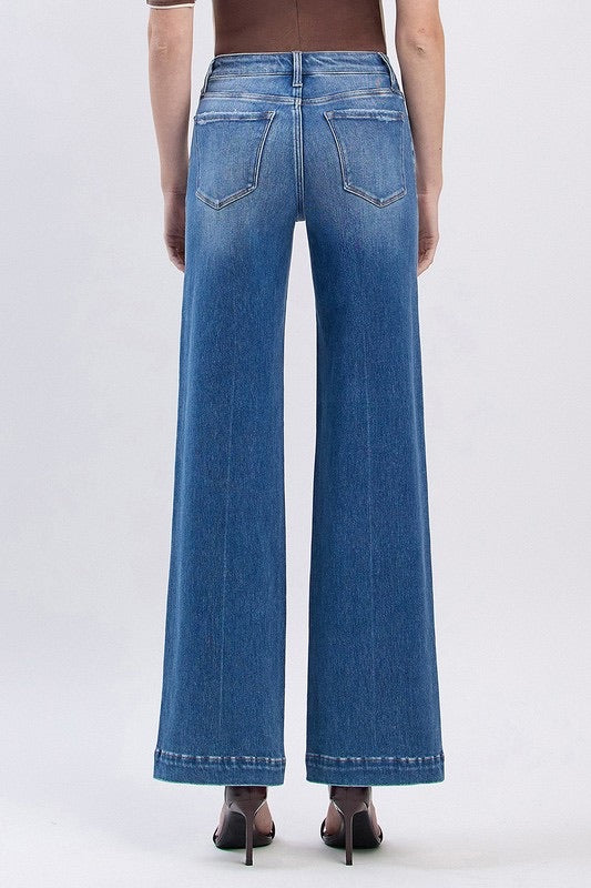 Back view of The Fallon Jean showcasing classic wide leg and trouser hem