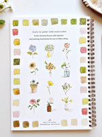Flowers watercolor workbook with  12 flower sketches and painting instructions.