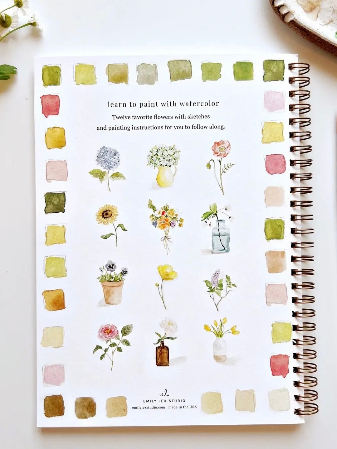 Flowers watercolor workbook with  12 flower sketches and painting instructions.