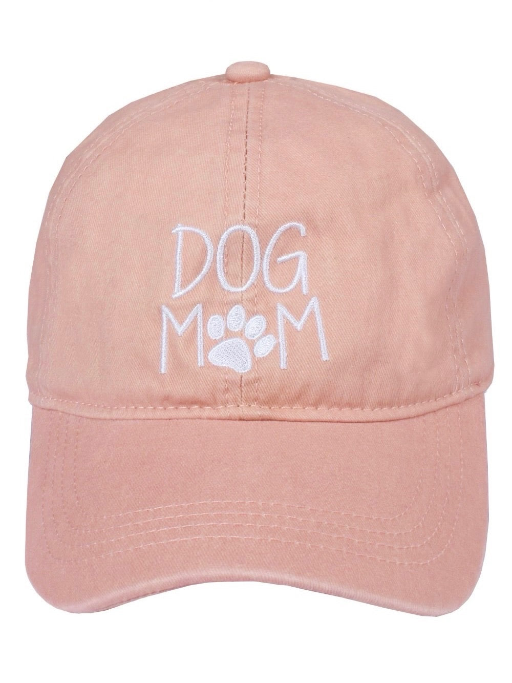 Front view of Dog Mom Cap in pink with white embroidered lettering and paw print.