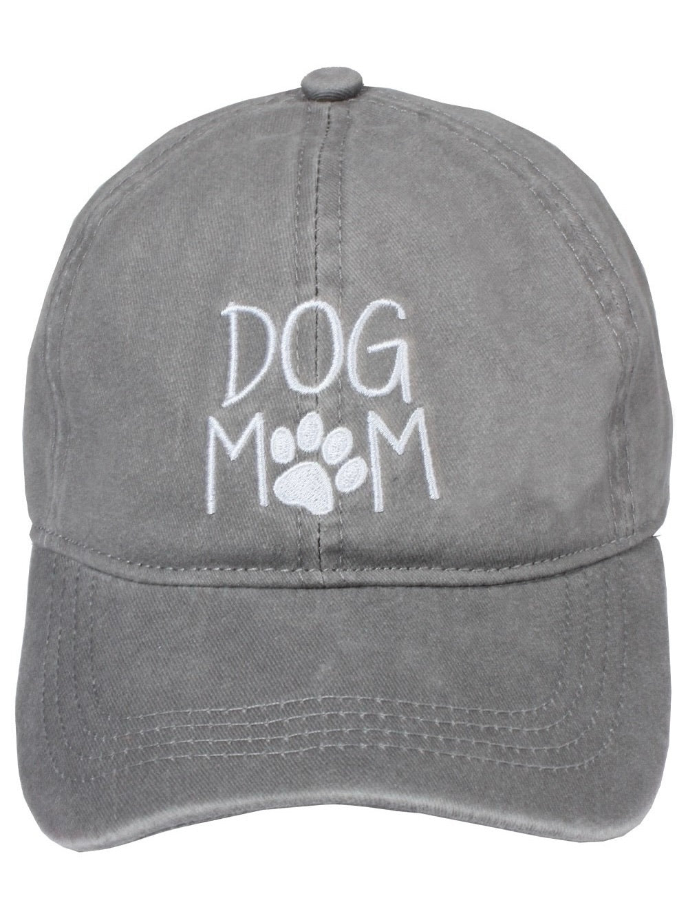 Front view of Dog Mom Cap in grey with white embroidered lettering and paw print.