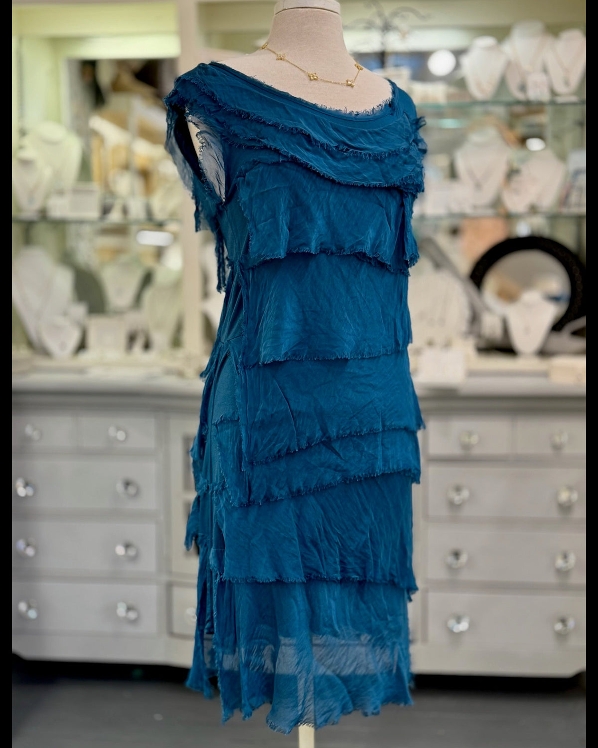 Gianna Short Silk Dress on mannequin front view showing tiered silk layers