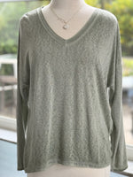 Soft sage green long-sleeve V-neck top with a relaxed fit, displayed on a mannequin indoors.