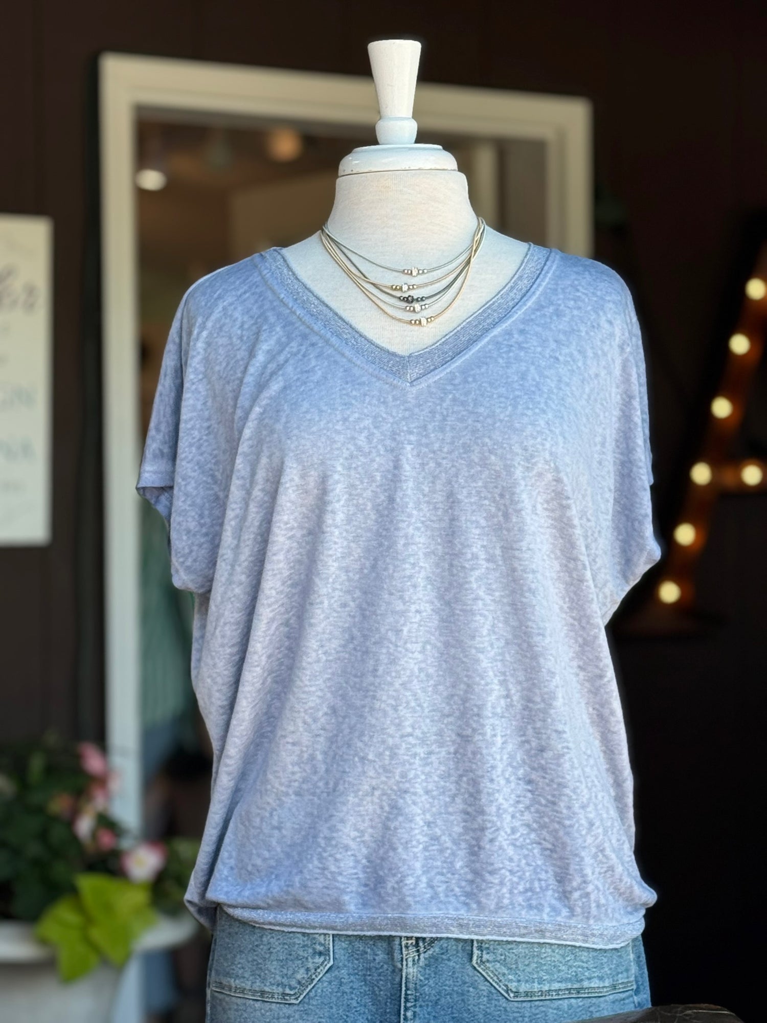 Grace V-Neck Short Sleeve Top in Blue
