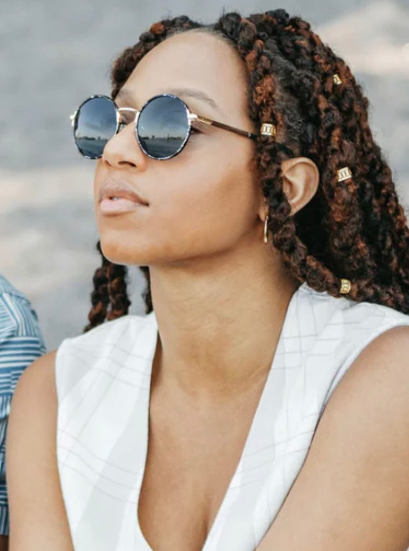 Shwood Hawthorne Blue Coral & Walnut Polarized Sunglasses on model