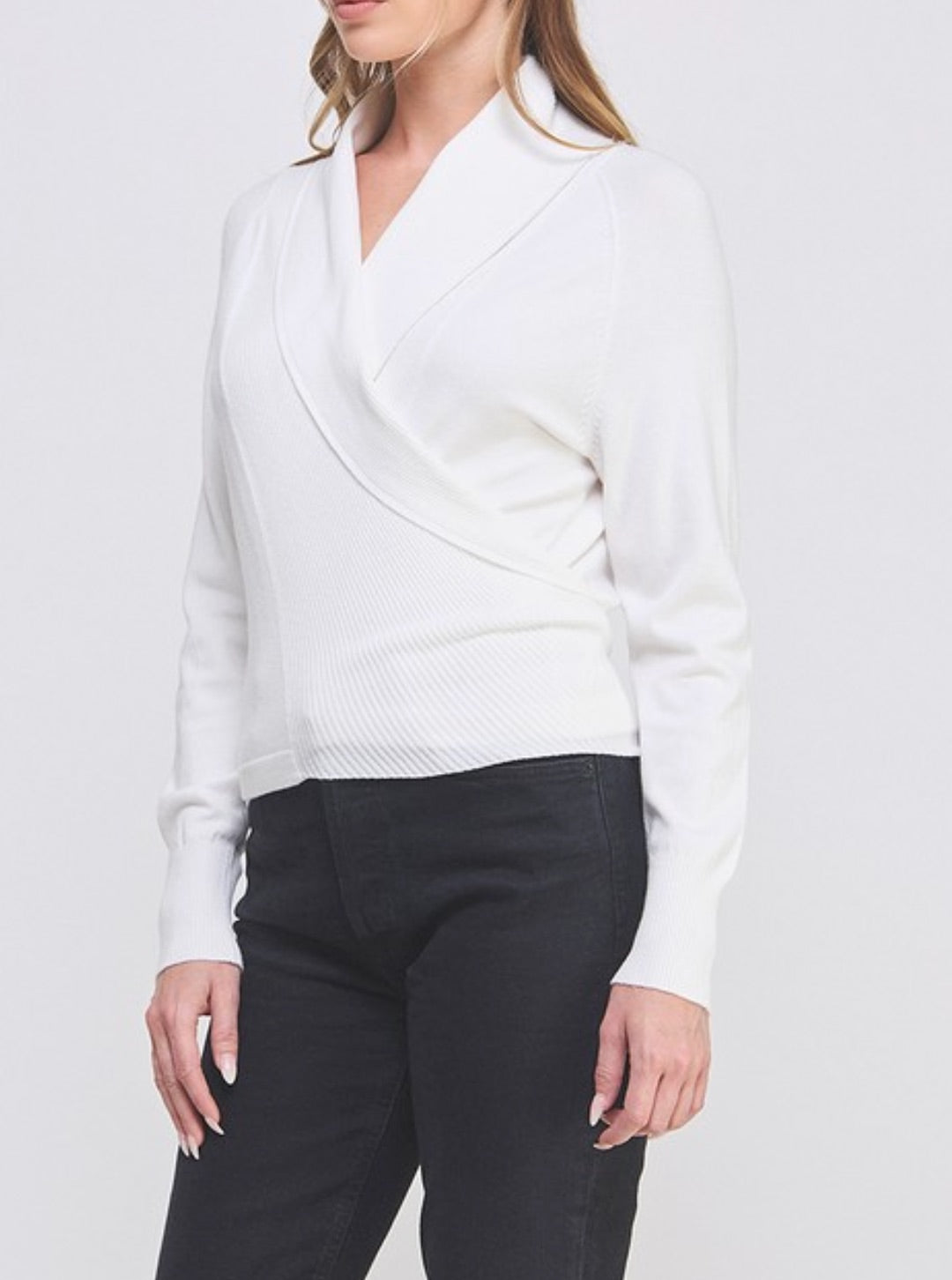 Hazel Wrap Sweater in off white on model