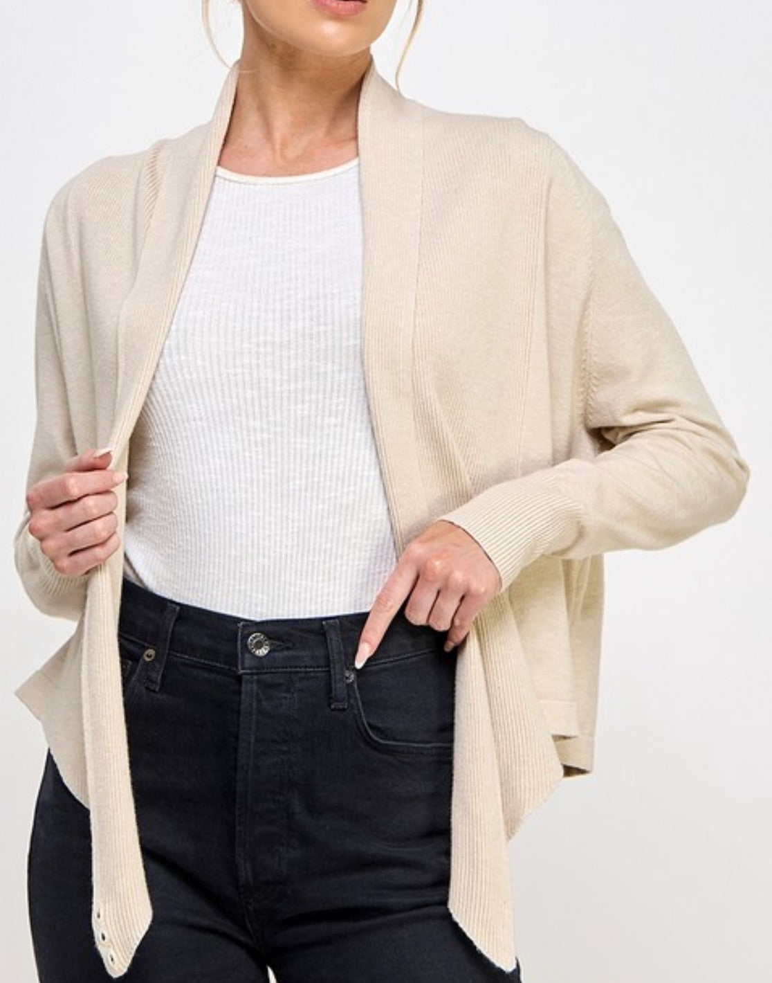 Hazel Wrap Sweater worn open (sand color)