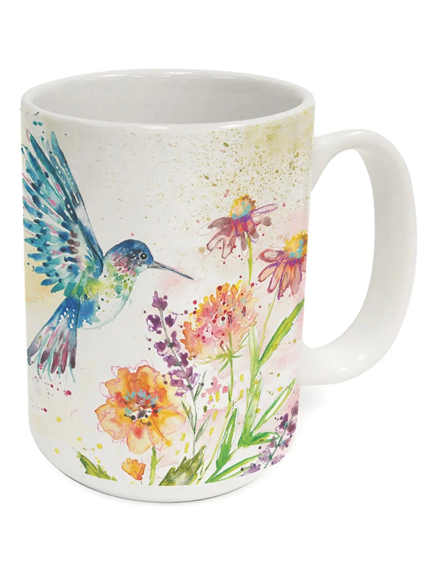 White ceramic mug with a watercolor hummingbird in flight surrounded by colorful flowers and greenery.