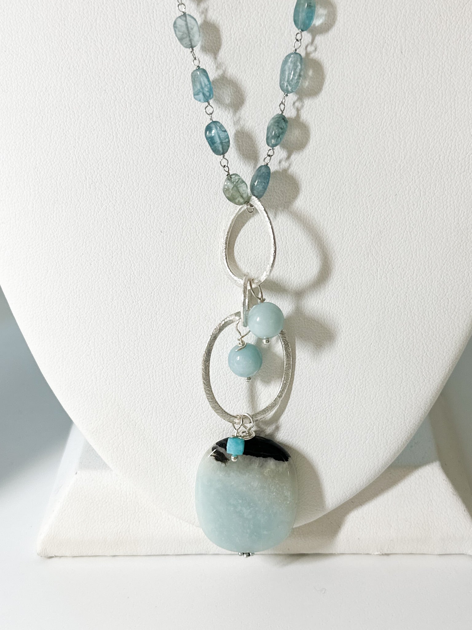 Long amazonite and Aquamarine Necklace on bust 