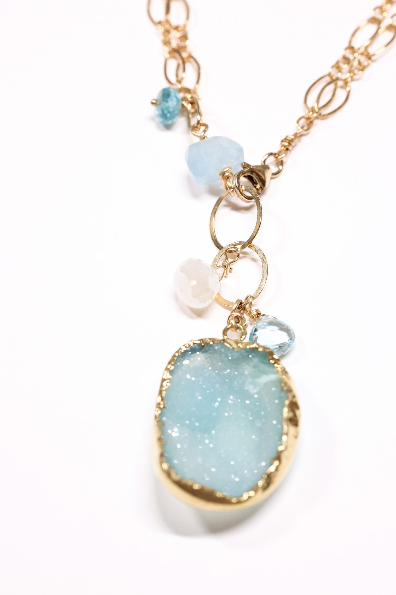 Aqua druzy necklace shown short 