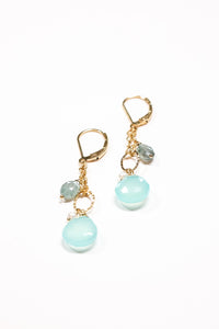 swinging drop peruvian chalcedony, pearl, moss aquamarine gold earrings