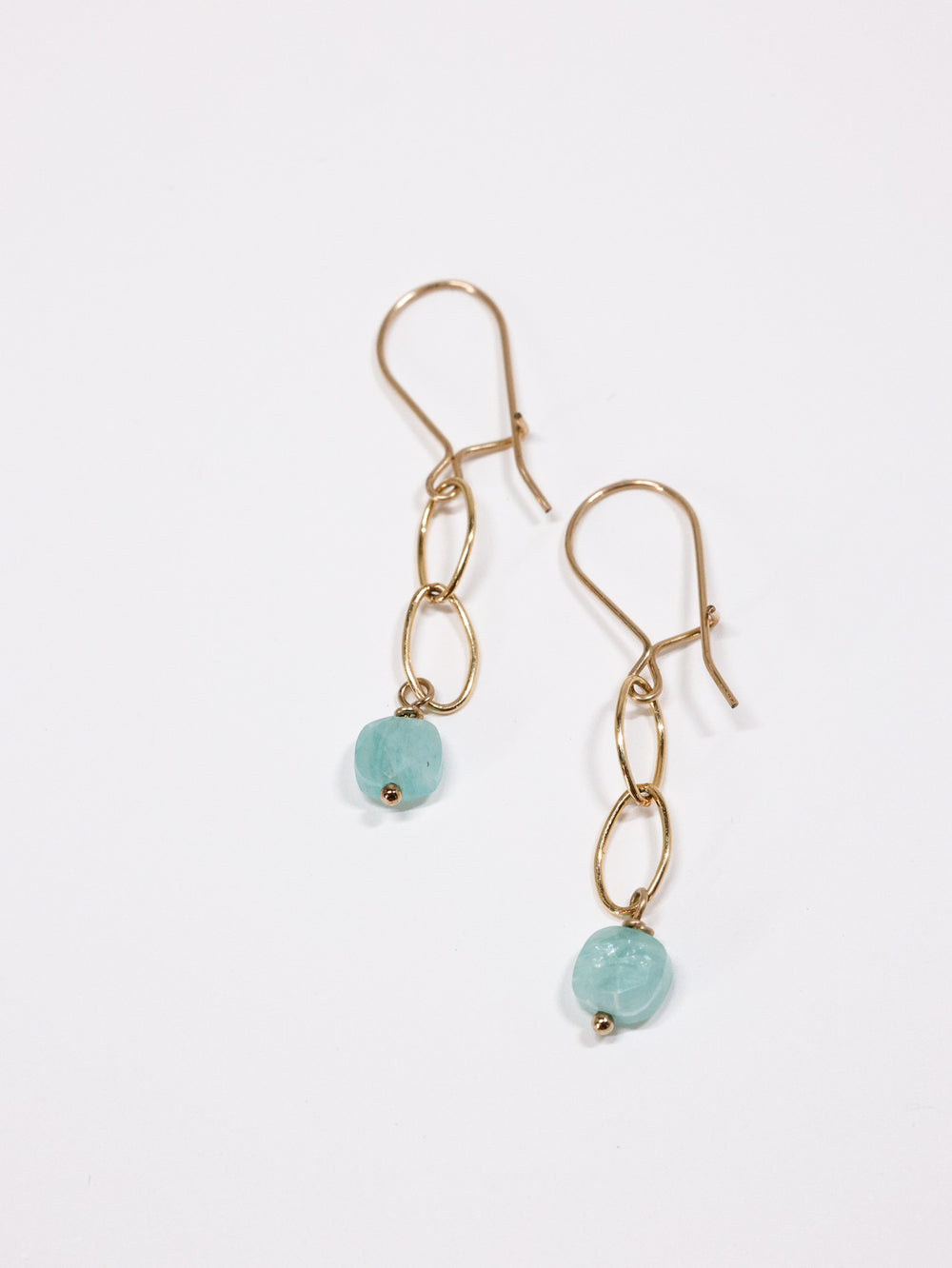 tiny amazonite earring gold filled on flat lay