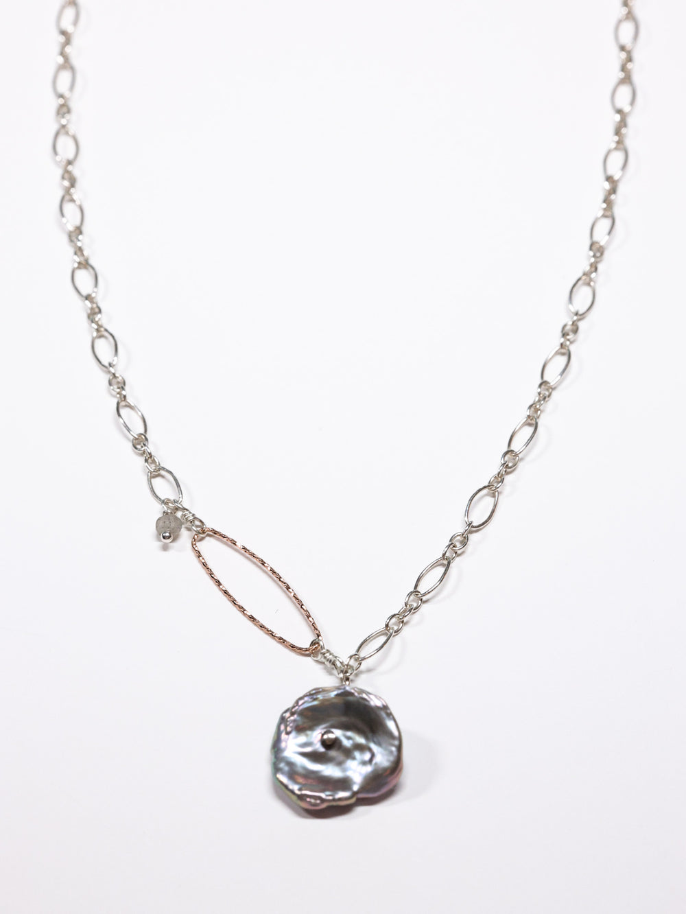 Grey Peacock Keshi freshwater pearl nh necklace -silver and rose gold