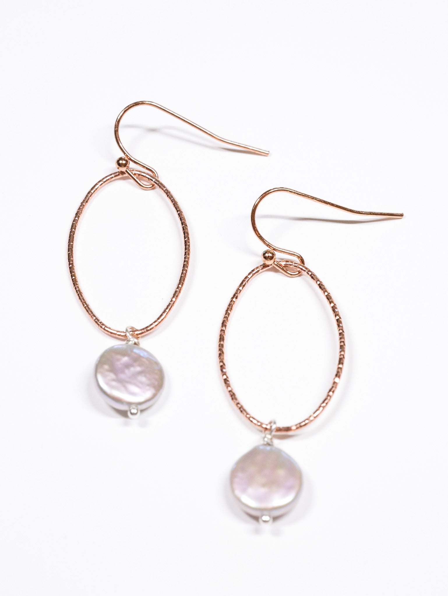 Rose Gold coin pearl drop earrings in grey pearls