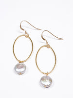Nina Hall gold oval earrings with silvery grey coin pearls, handcrafted and nickel-free from Ardor Boutique
