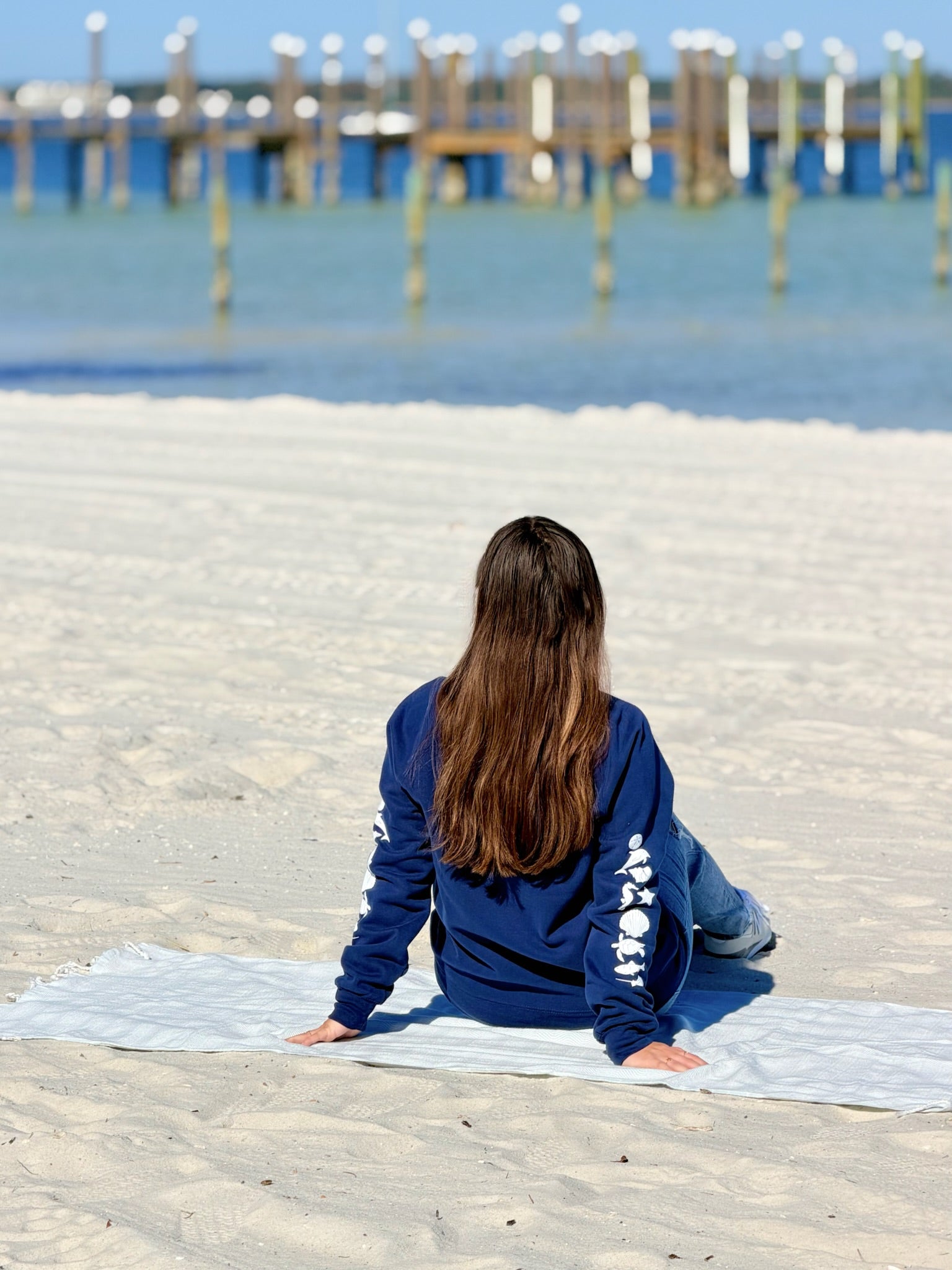 Person sitting on a towel at the beach with a dock in the background