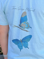 Sea Mist t-shirt with butterfly design and text 'Then Sings My Soul'.