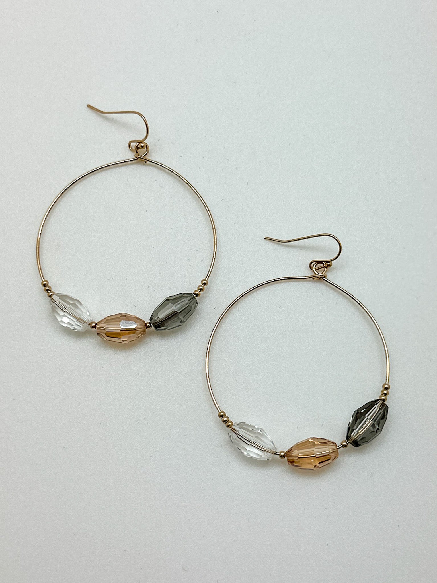 3 beaded earring with clear tan and grey bead. Lillian 