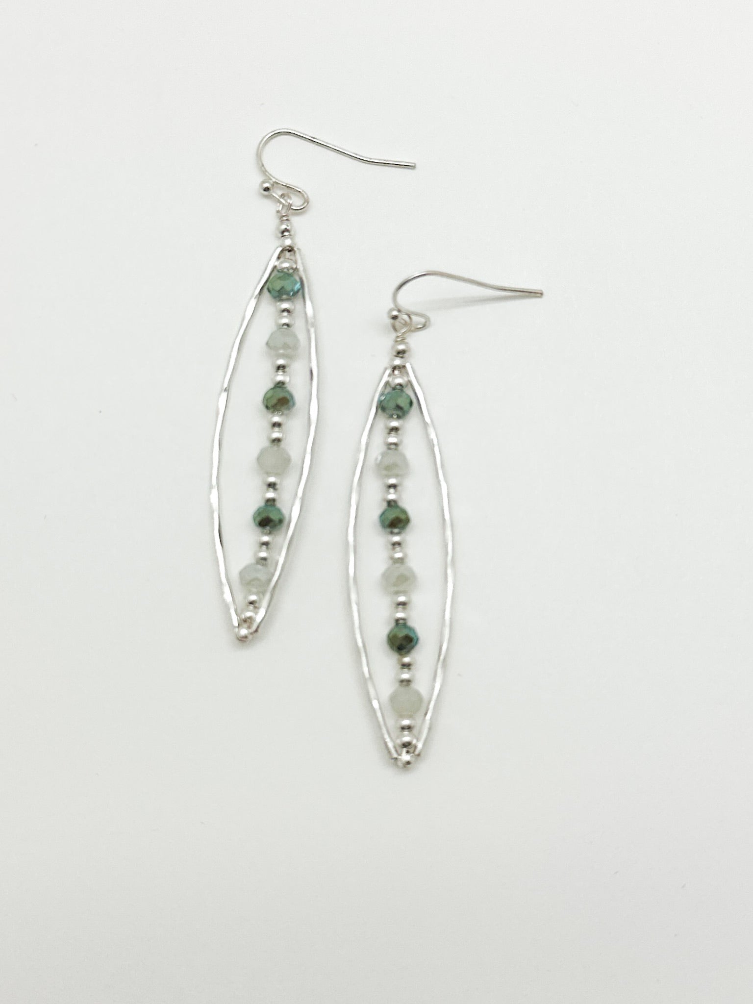 Bonnie Beaded silver earrings with green and silver beads that dangle
