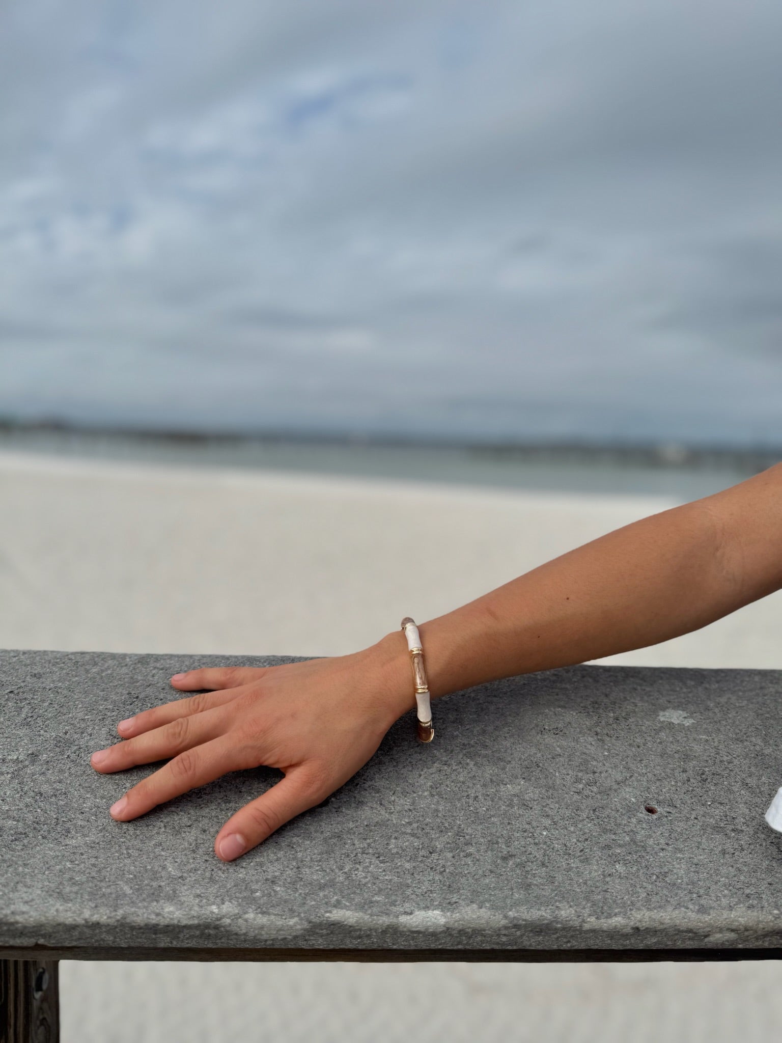 Camille cloisonné bangle in ivory and taupe bamboo design – side view"