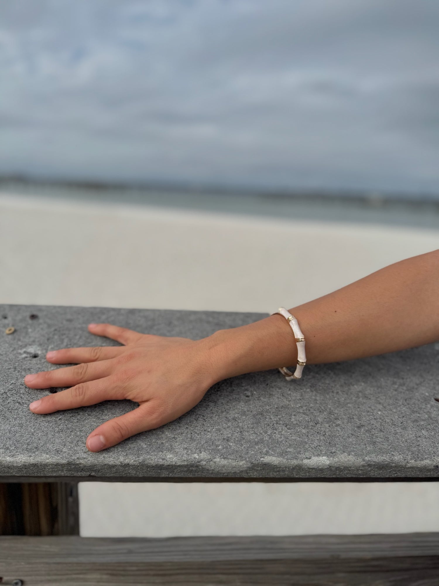 "Slim enamel bamboo bracelet in gold with dove grey tones"