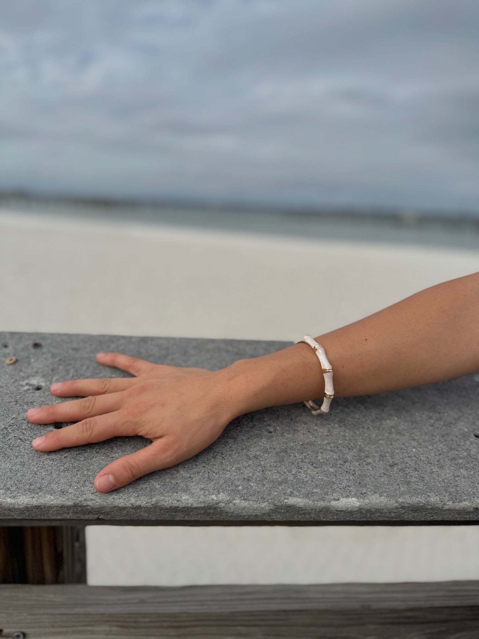 "Slim enamel bamboo bracelet in gold with dove grey tones"