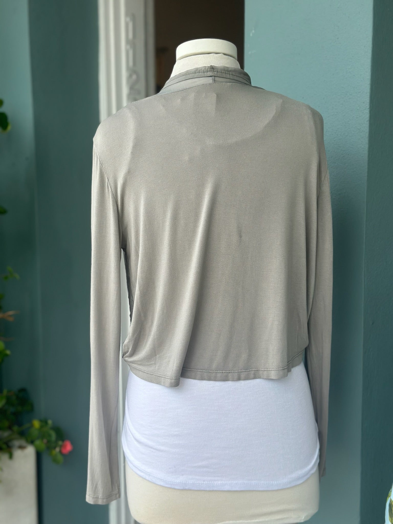Back side of the Chloe wrap in taupe at Ardor 