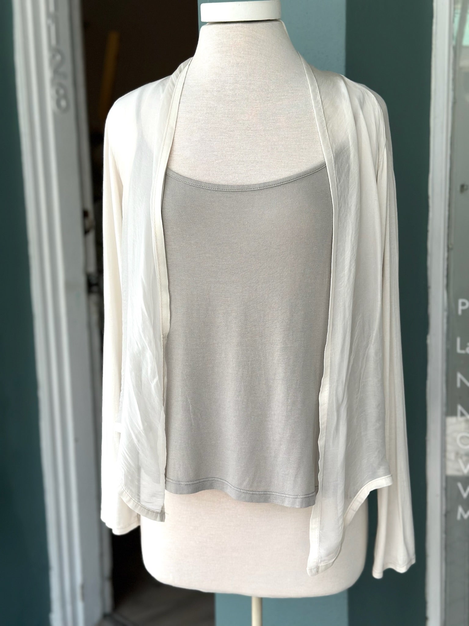 Beige silk wrap pashmina shown worn open