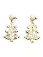Pair of white Christmas tree earrings on a white background