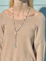 Colette amazonite and freshwater pearl necklace being worn with a beige sweater