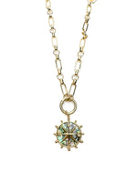 Nautical-style necklace featuring a gold chain and iridescent abalone shell compass pendant