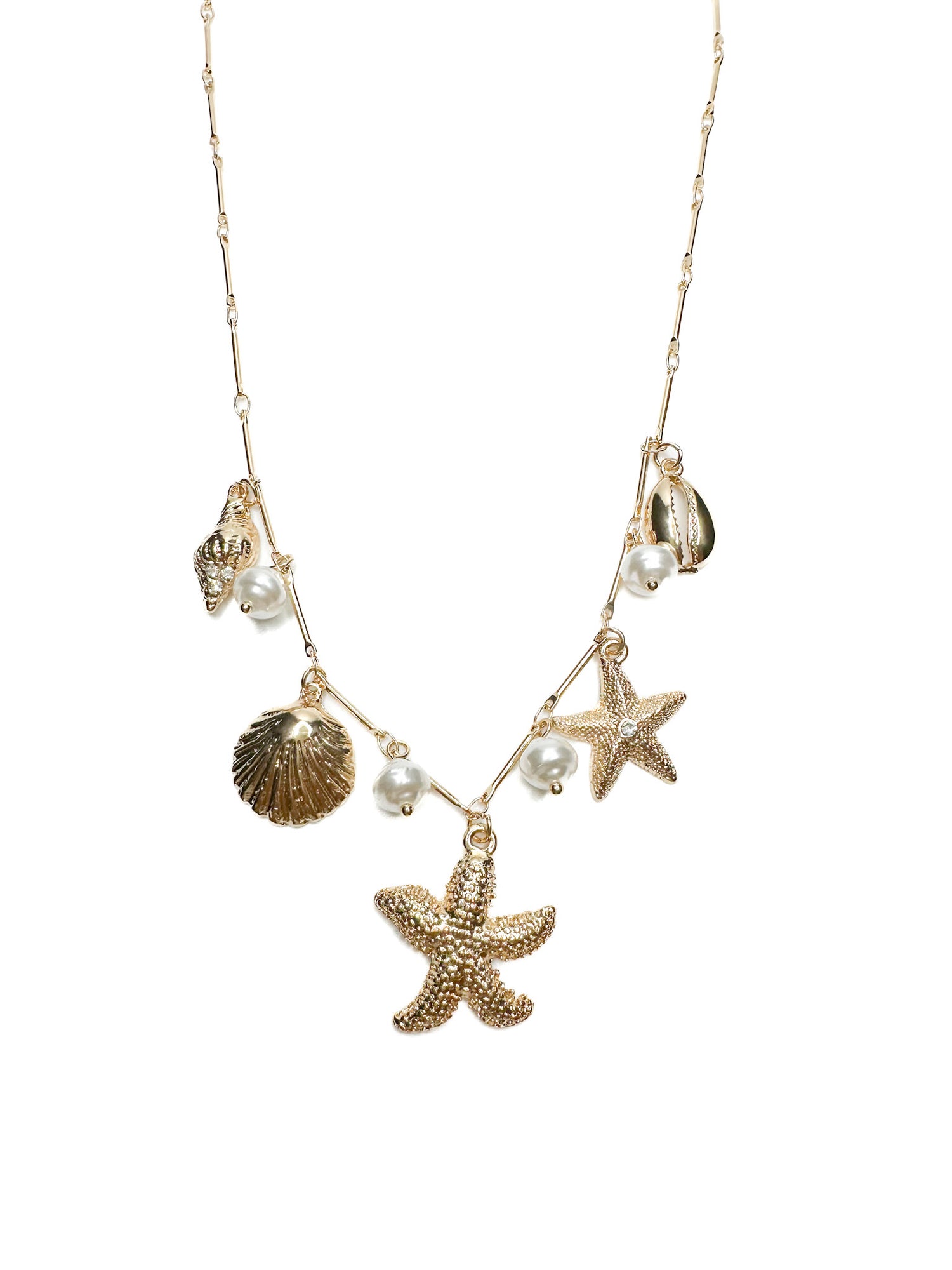 Necklace with starfish, shell, and pearl charms on a white background