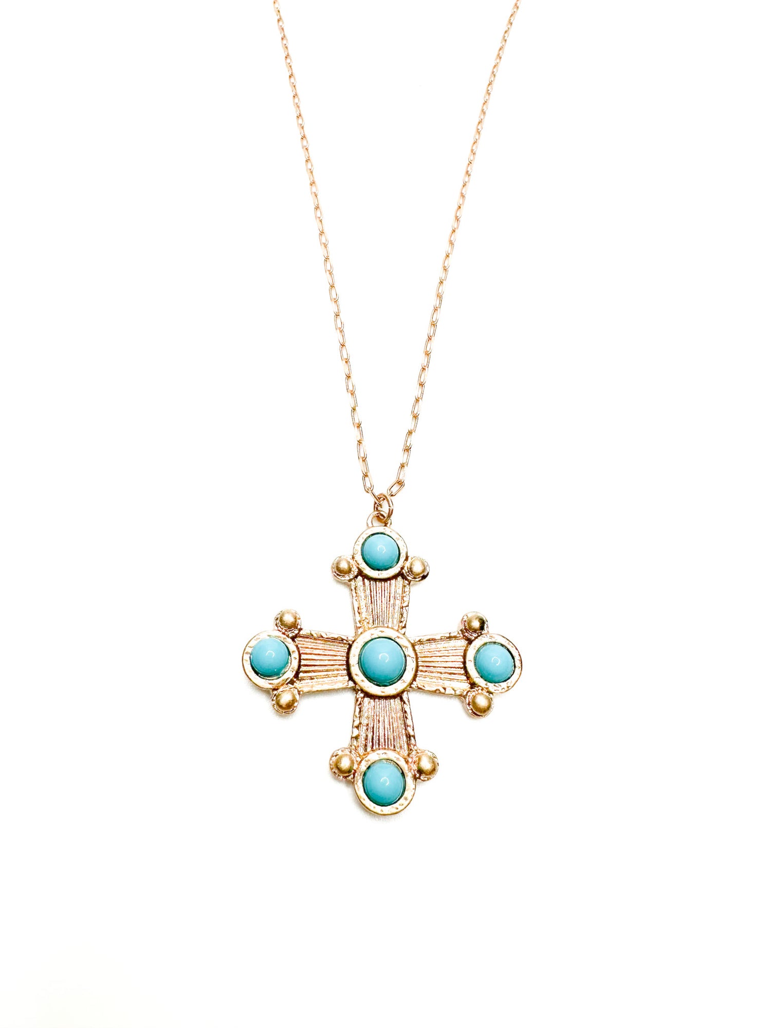 Zara Cross Necklace with turquoise stone accents on gold-tone chain from Ardor Boutique