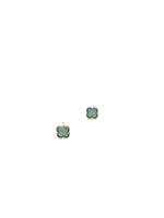Clover-shaped light blue stud earrings with gold beaded border on white background