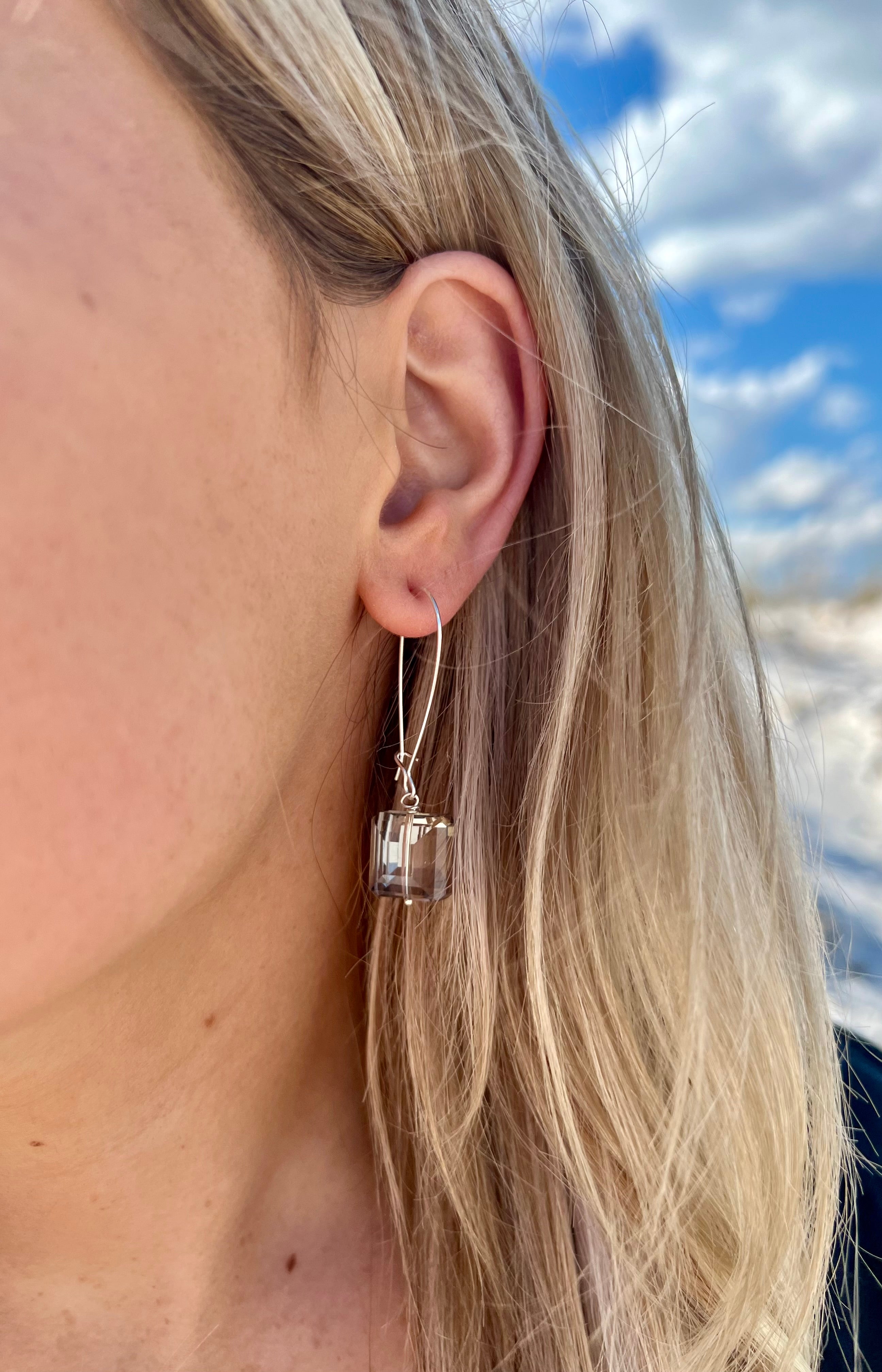 Blair handmade silver earrings with dangle detail in ear
