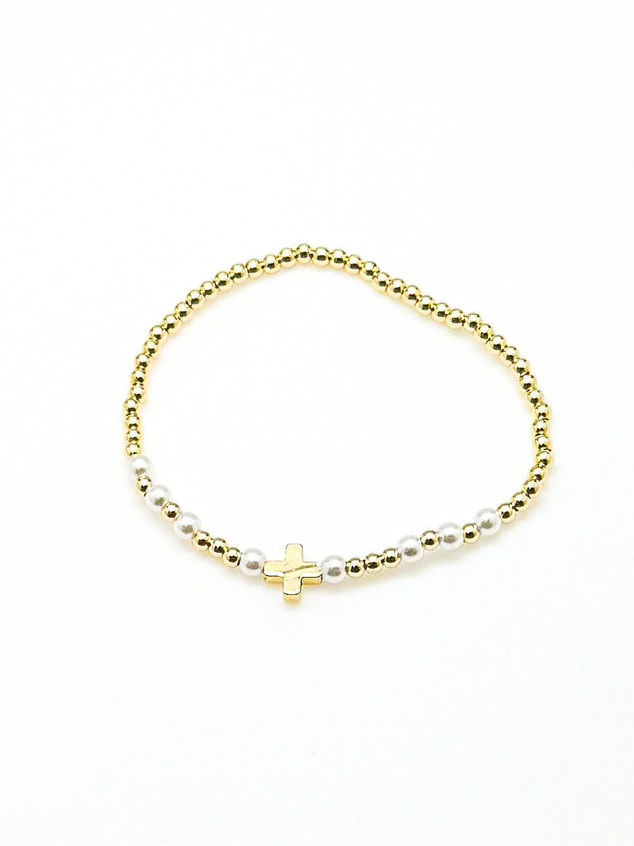 Gold Pearl Cross Bracelet