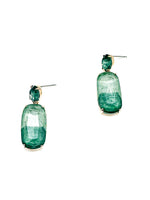 Pair of Esme Earrings with faceted sea-glass green stones in a gold-tone setting, shown on a white background.