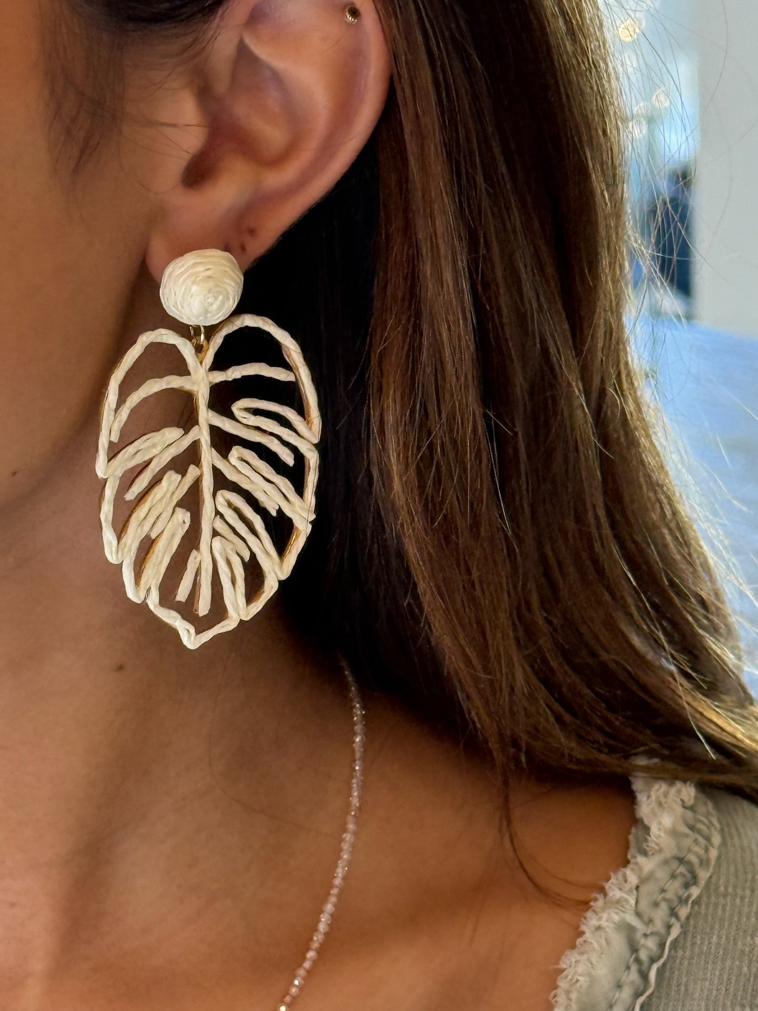 Beige Dangling Leaf Earrings